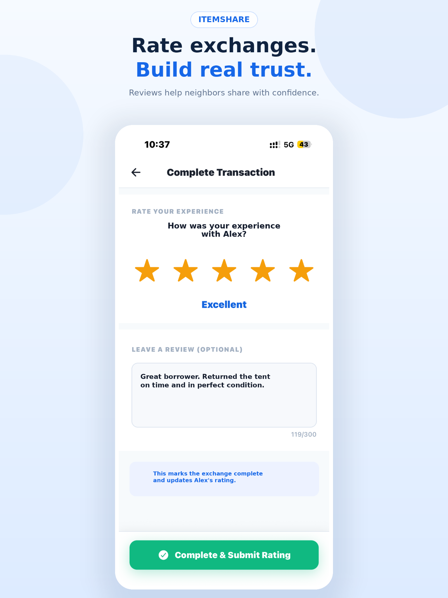 ItemShare rating screen for reviewing a completed exchange