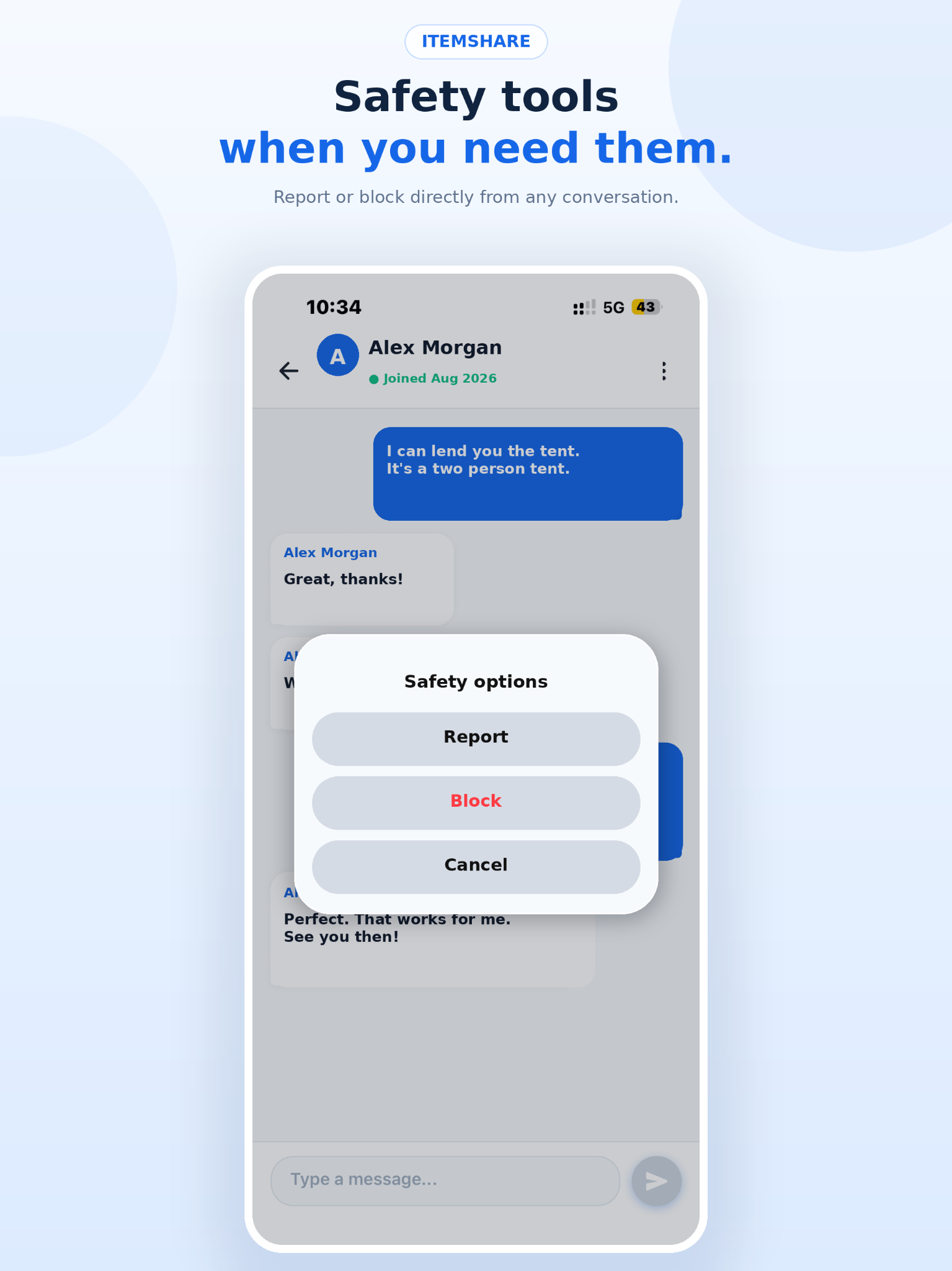 ItemShare safety menu with report and block options